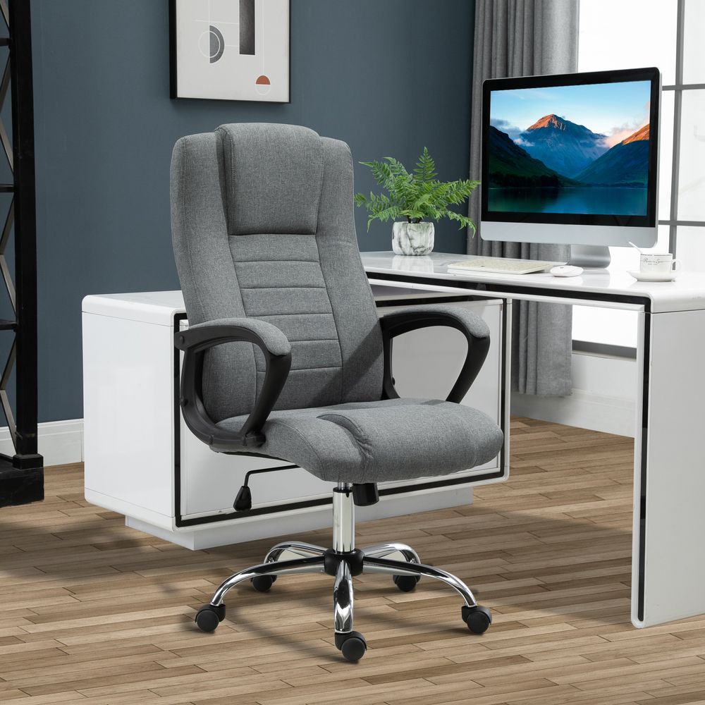 Grey Linen Office Chair with 360° Swivel, High Back and Wide Adjustable Seat