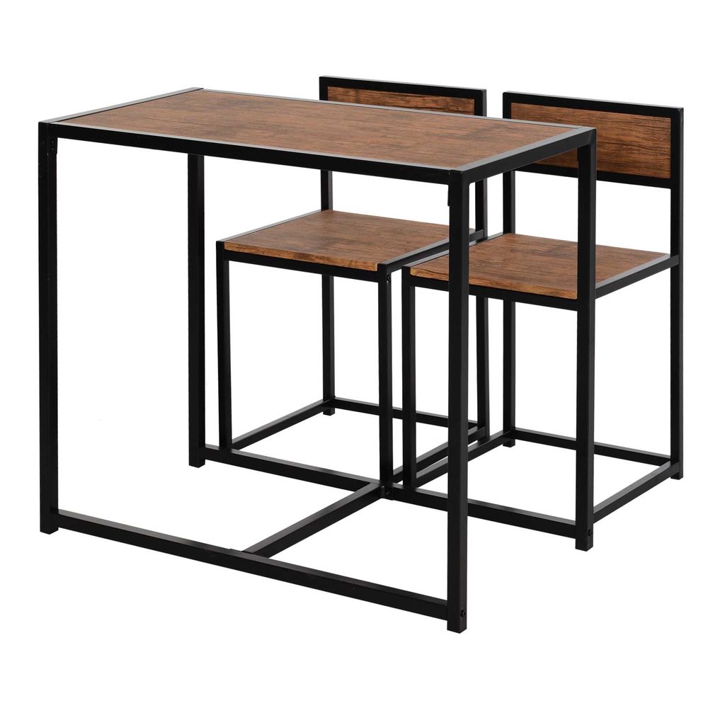 Steel Frame MDF Bar Stool and Table Set for 2-Seaters, Wood Tone