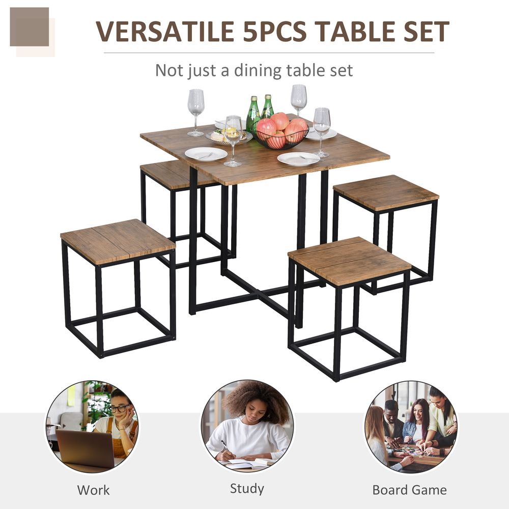 5-Piece Dining Set with MDF Topped Steel Table and 4 Stools in Black and Brown