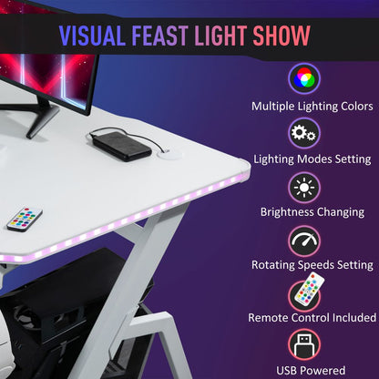 White Racing Style Gaming Desk with RGB LED Lights and Hook for Convenience