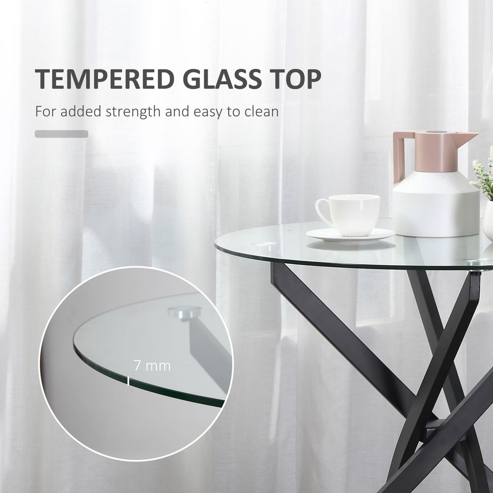 Clear Glass Side Table with Round Metal Base, Black Dining Table