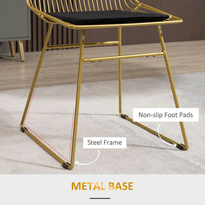 Set of 2 Gold Tone Metal Wire Dining Chairs with Back for Kitchen