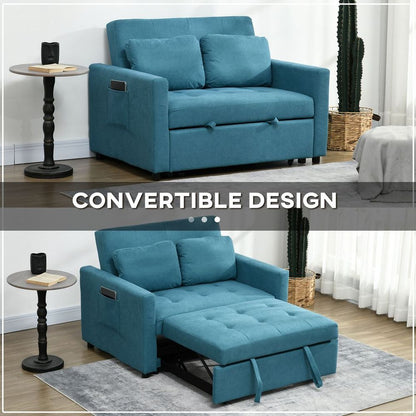 2-Seater Convertible Sofa Bed with Cushions and Pockets, Blue