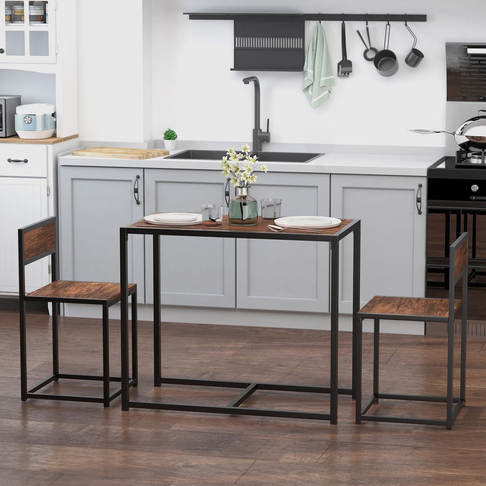 Steel Frame MDF Bar Stool and Table Set for 2-Seaters, Wood Tone