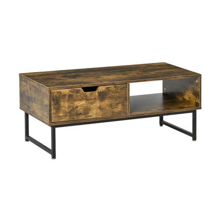 Coffee Table with Wood Finish and Metal Frame, Drawer and Shelf, Brown