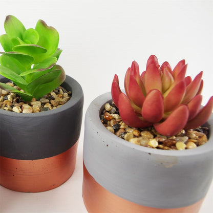 Set of Three 14cm Stoneware Planters with Artificial Succulents and Copper Accents