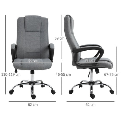 Grey Linen Office Chair with 360° Swivel, High Back and Wide Adjustable Seat