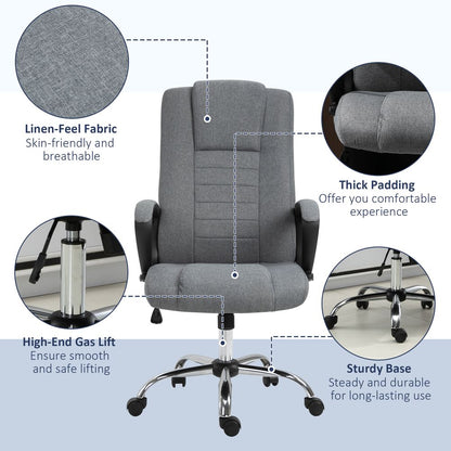 Grey Linen Office Chair with 360° Swivel, High Back and Wide Adjustable Seat