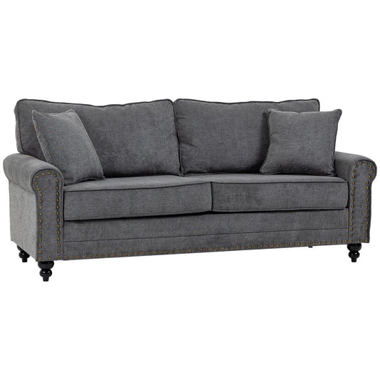 2-Seater Fabric Sofa - Grey with Nailhead Trim, Cushions, and Throw Pillows