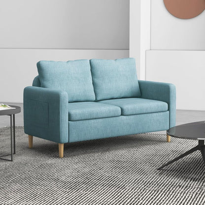 2-Seater Modern Fabric Sofa with Wood Legs and Dual Pockets in Blue