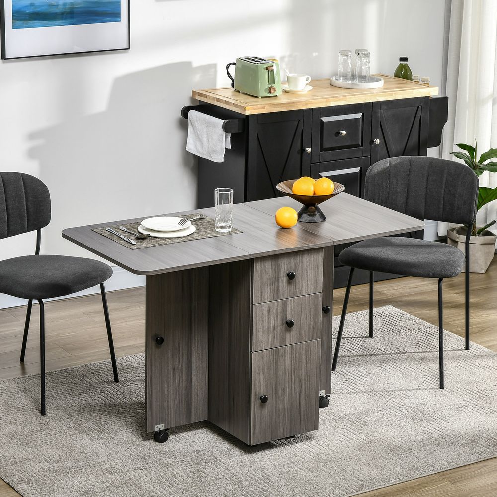 Grey Drop Leaf Dining Table with Storage Drawers, Ideal for Compact Dining Spaces