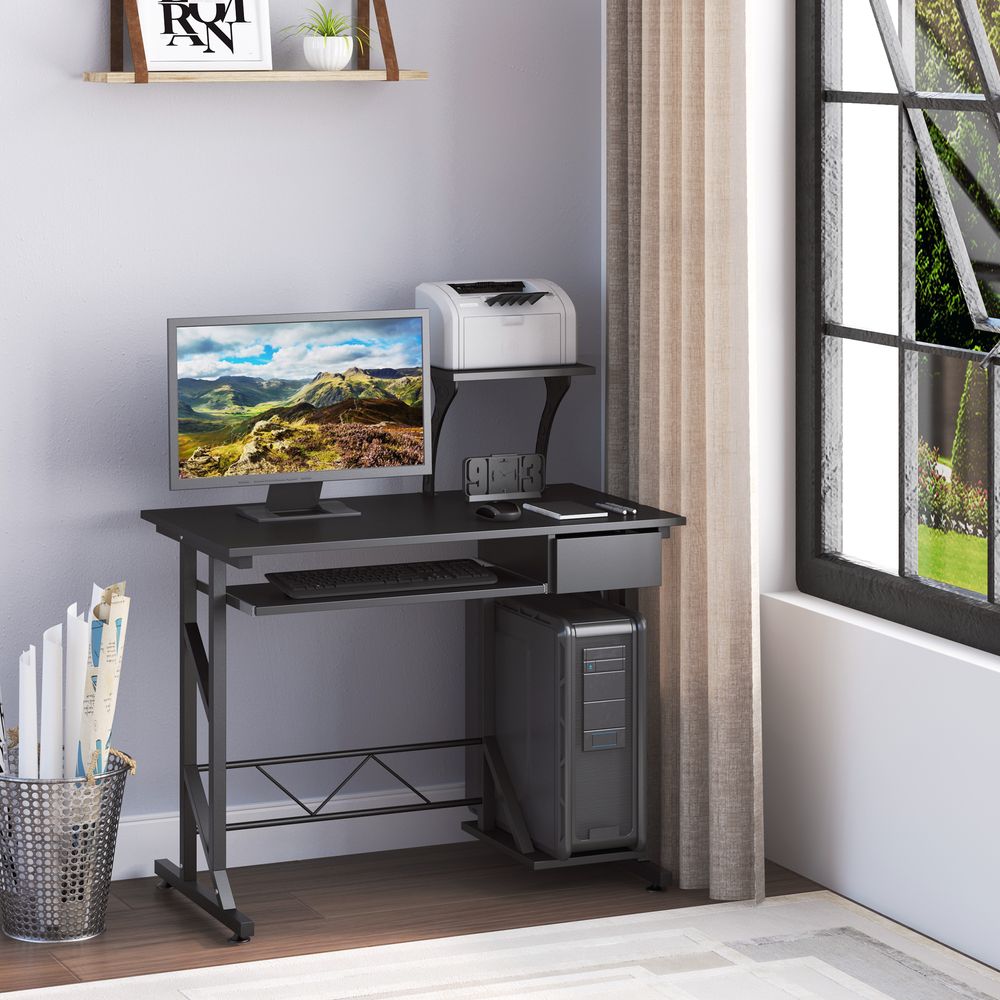 Quality Black Wood Computer Desk with Shelf Tray for Home Office Convenience