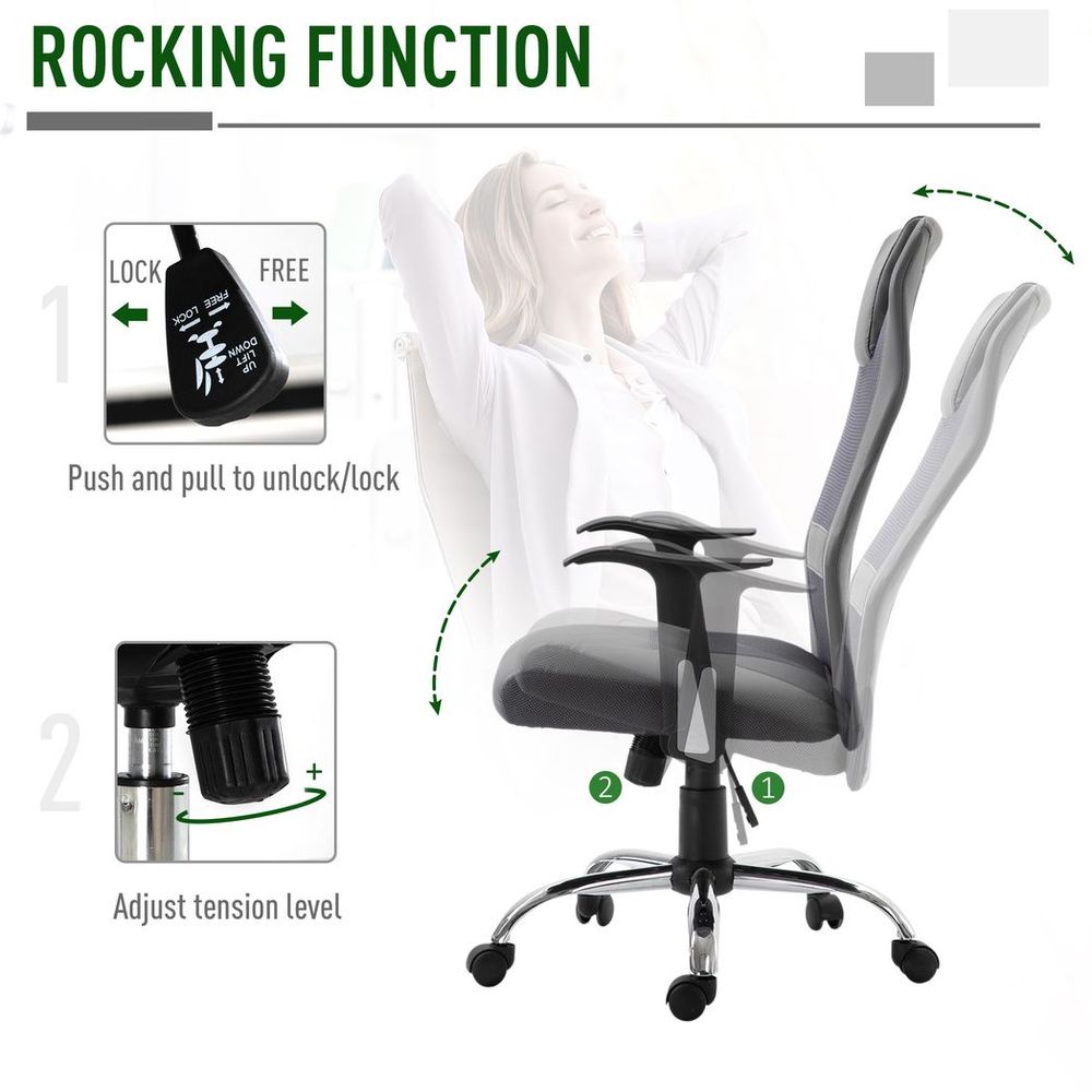 Grey High Back Mesh Office Chair with Swivel, Headrest, and Armrests for Support