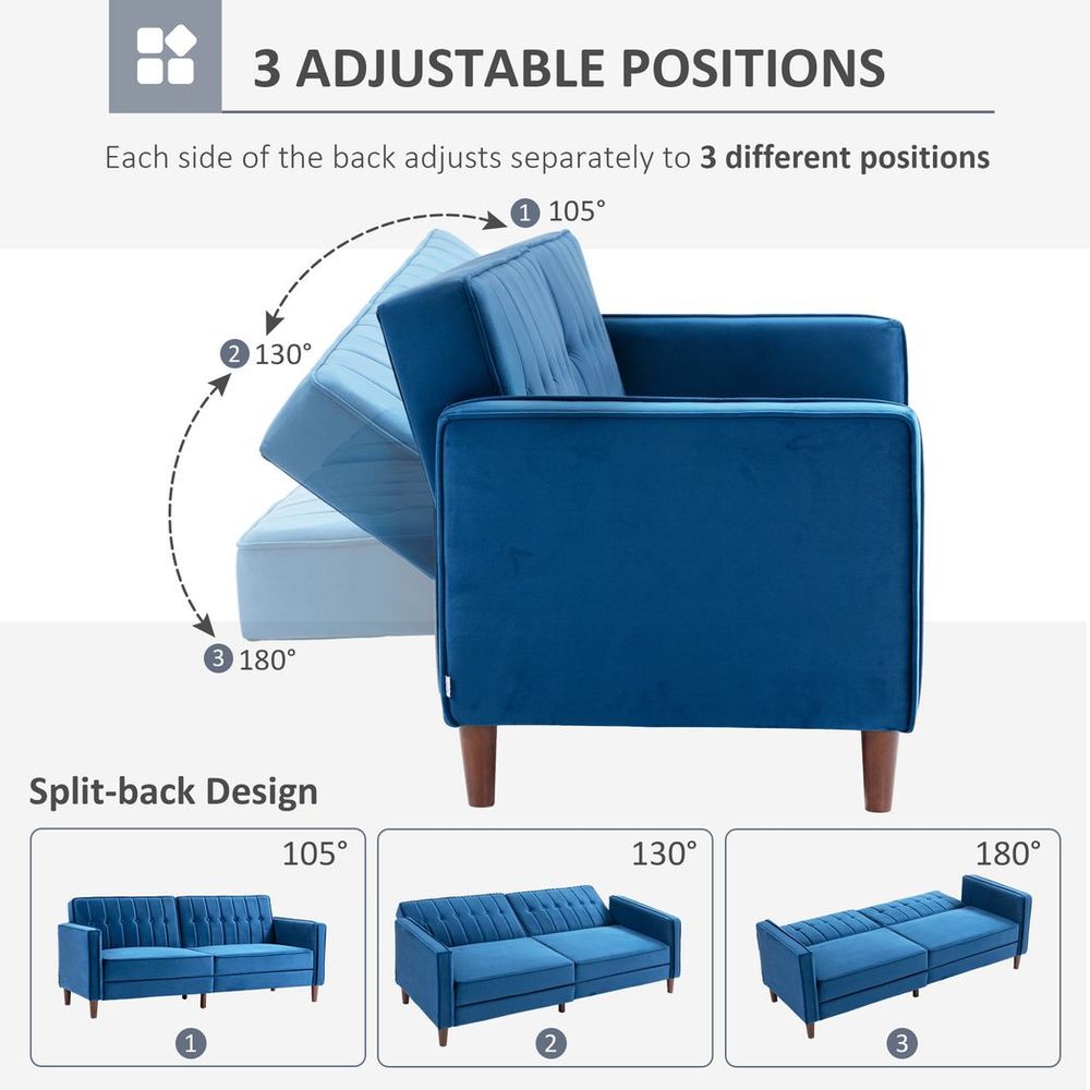 Blue Split Back Convertible Velvet-Touch Sofa Bed, Stylish Futon for Comfort