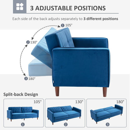 Blue Split Back Convertible Velvet-Touch Sofa Bed, Stylish Futon for Comfort