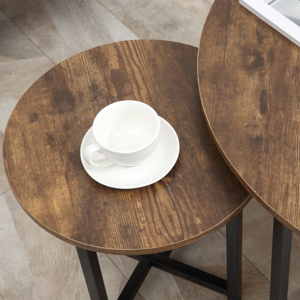 Set of 2 Round Coffee Tables with Metal Frame - Chic Side Accent Tables in Rich Brown