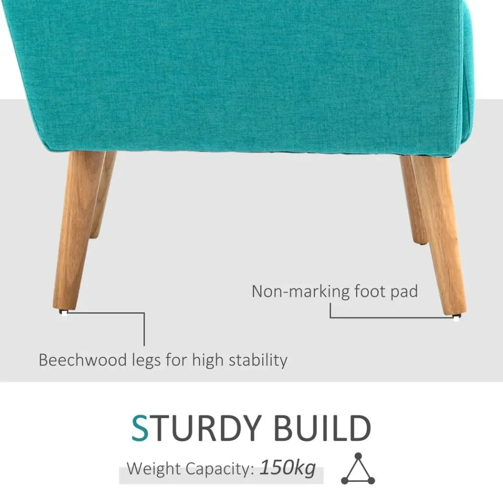 Nordic Armchair - Linen-Touch Sofa Chair with Cushioned Pillow, Wood Legs, Teal