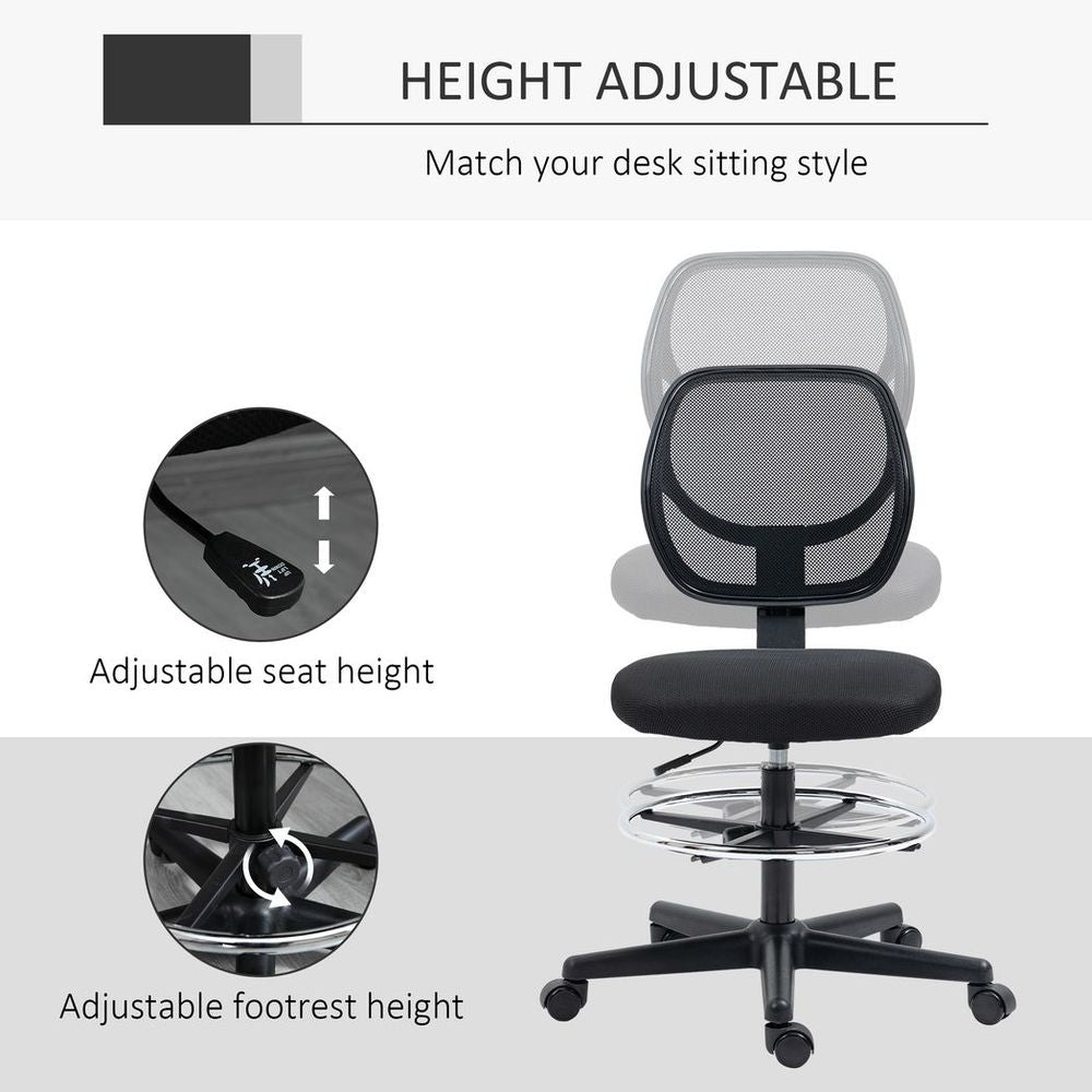 Black Draughtsman Chair with Adjustable Footrest Ring, Ideal for Office and Studio Use