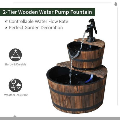 Serene Wooden Water Pump Fountain – 2-Tier Fir Wood and Steel Elegance