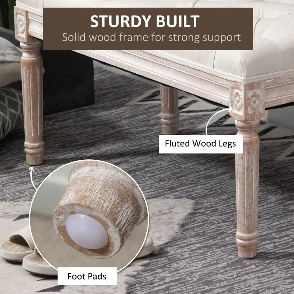 Tufted Accent Bench – Upholstered Foot Stool with Linen-Touch Fabric in Beige