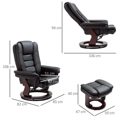 Black PU Lounge Chair Set with Manual Recliner and Footrest on Wooden Base