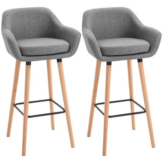 2 Modern Upholstered Fabric Bar Stools - Bucket Seat, Solid Wood Legs, Grey