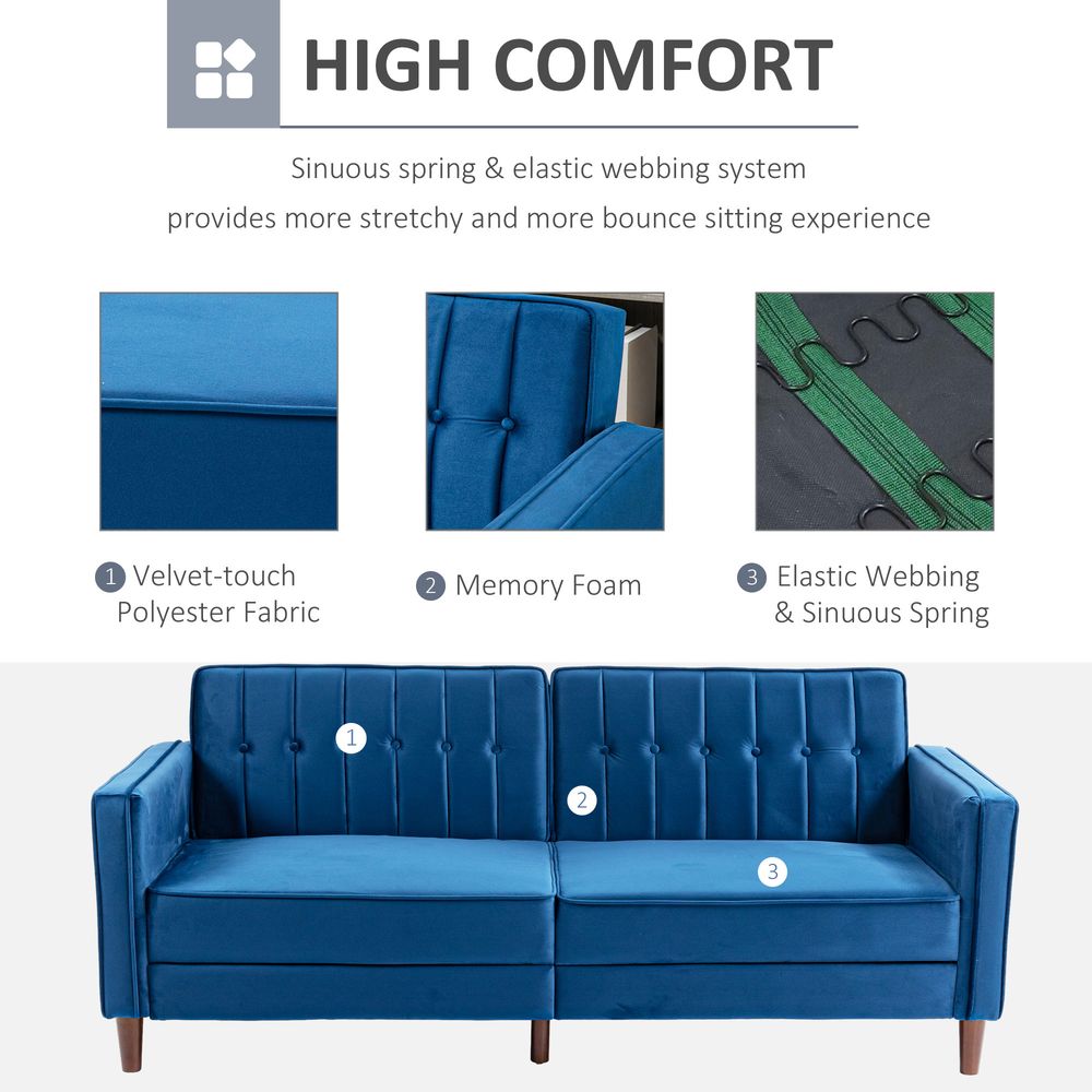 Blue Split Back Convertible Velvet-Touch Sofa Bed, Stylish Futon for Comfort