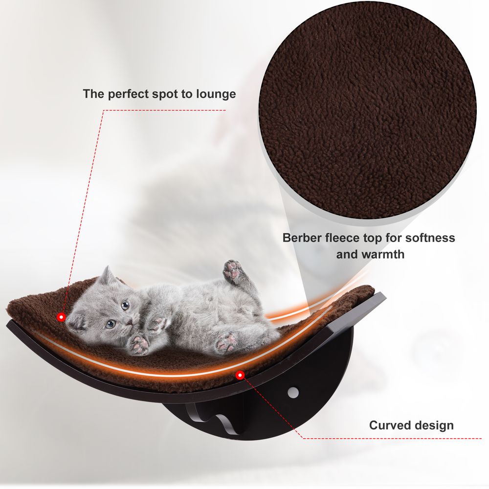 Wall-Mounted Wood Cat Shelf with Curved Climber and Berber Fleece Kitten Bed