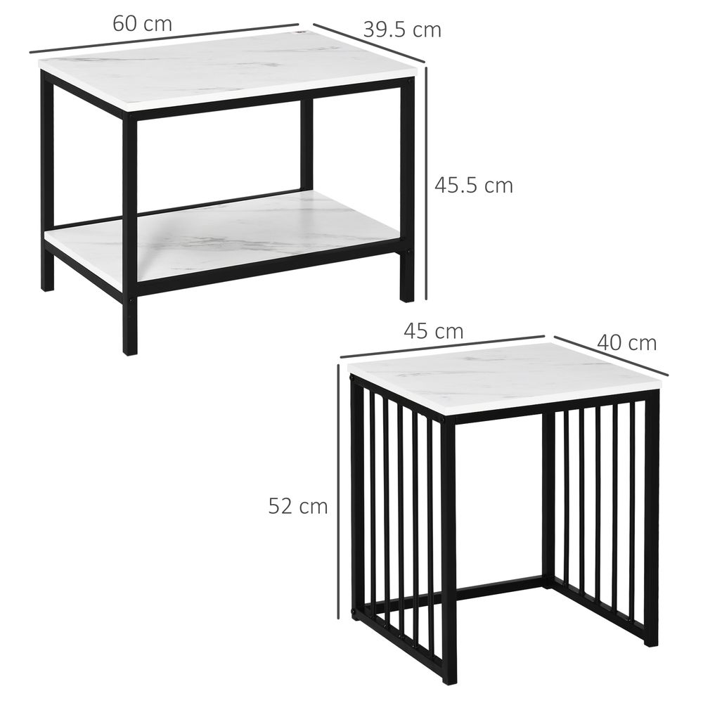 Modern Coffee Table Set of Two with Steel Frame and Marble-Effect, White & Black