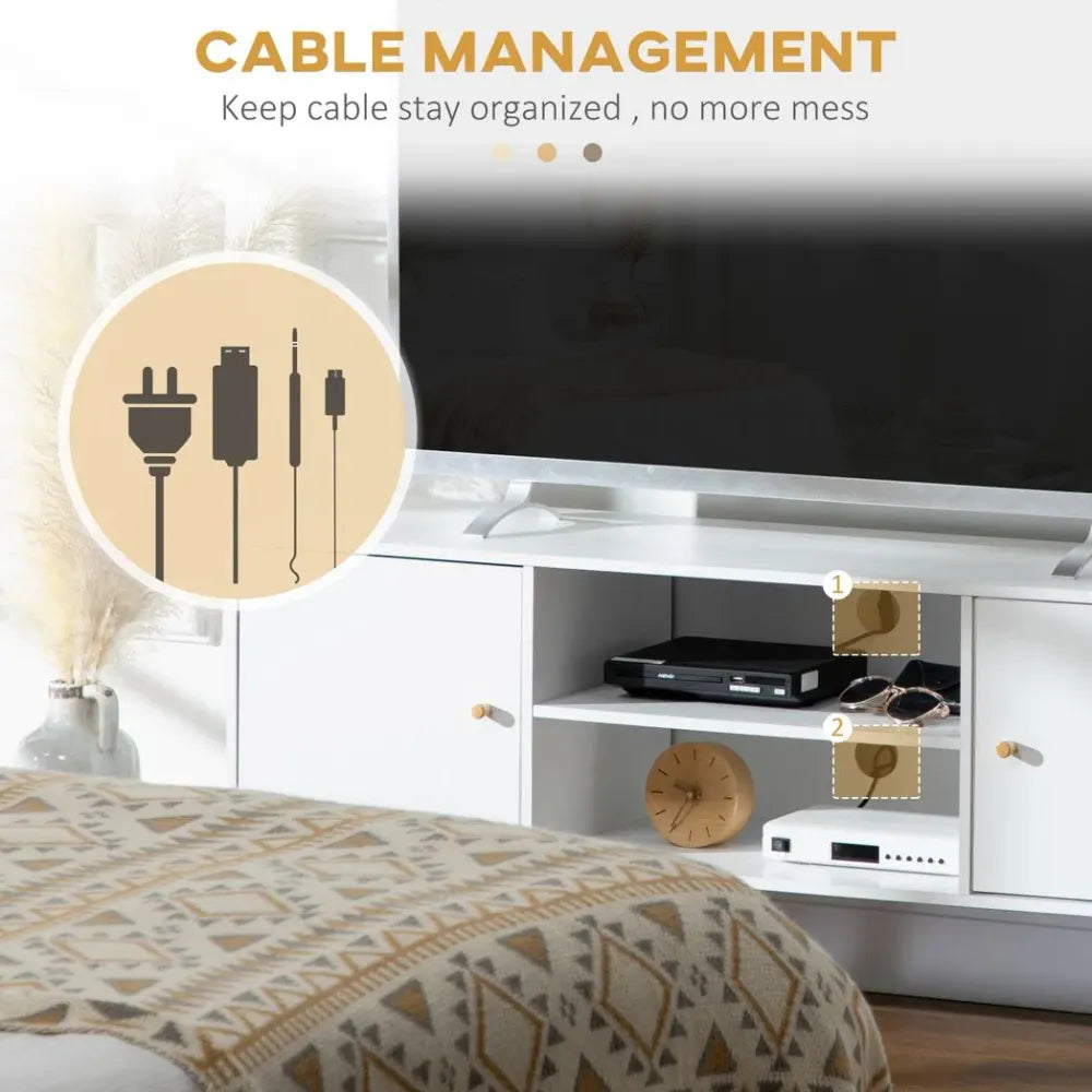 White TV Stand Cabinet with Wood Legs and Cable Management for Living Room Style