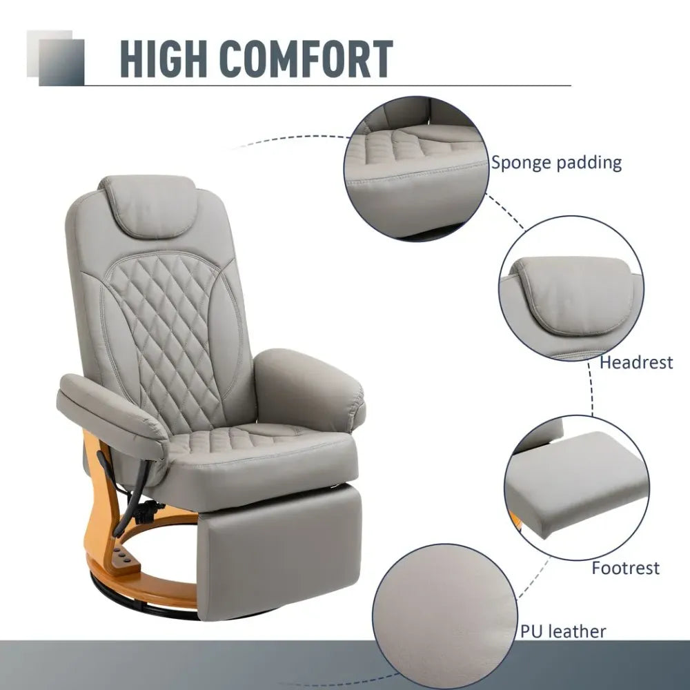 Grey PU Recliner Lounge Chair with Footrest and Headrest for Home Office Comfort