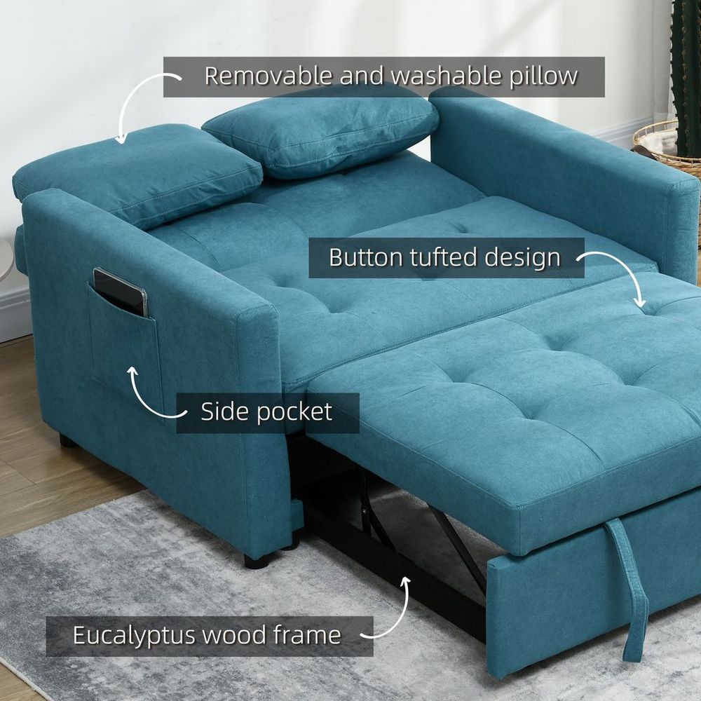 2-Seater Convertible Sofa Bed with Cushions and Pockets, Blue