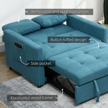 2-Seater Convertible Sofa Bed with Cushions and Pockets, Blue