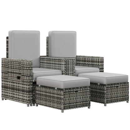 Outsunny Grey Rattan Recliner Set with Storage Table & Footstools for Relaxation