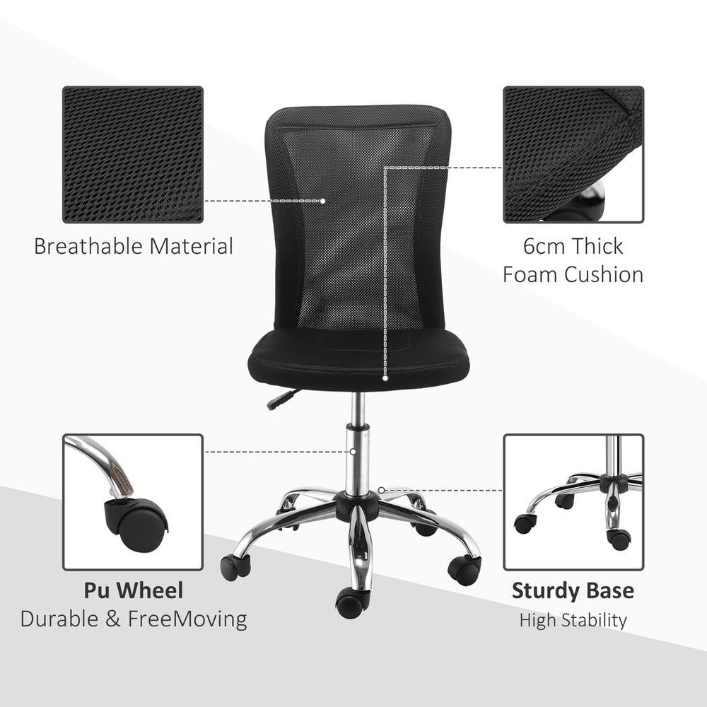 Armless Ergonomic Office Chair with Padded, Height Adjustable Mesh Back and 5 Wheels