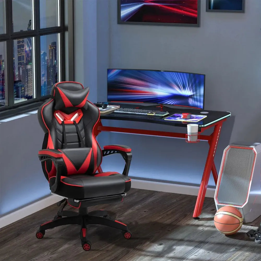 Stylish Red Ergonomic Gaming Chair with Manual Footrest and Wheels for Office