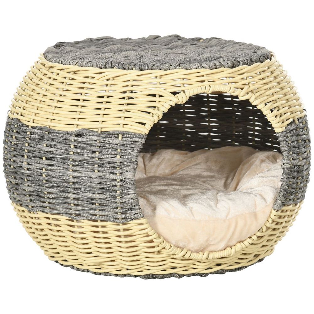 Rattan Raised Cat House with Soft Cushion, 40x30cm for Cozy Cat Comfort