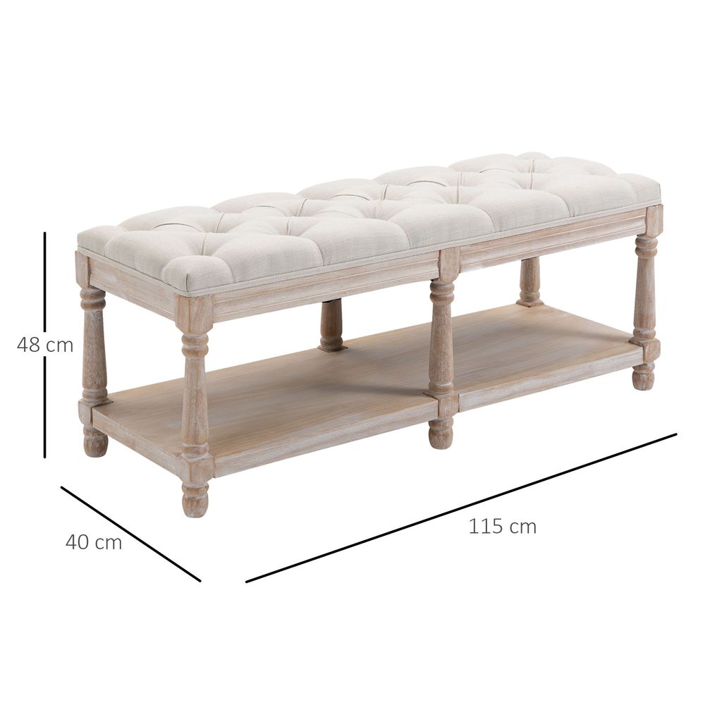 Cream White 2-Tier Bed End Bench with Vintage Button Tufted Seat for Timeless Appeal