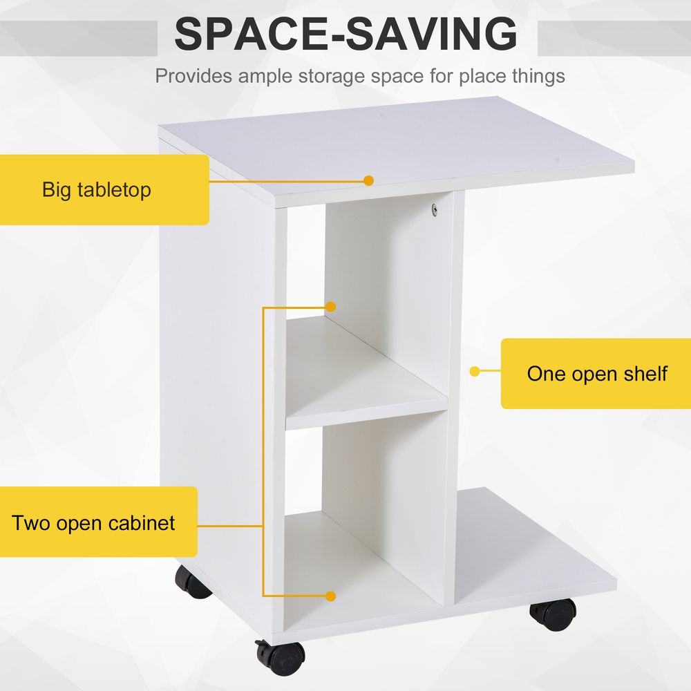 C-Shape End Table – Storage Unit with 2 Shelves and 4 Wheels – White