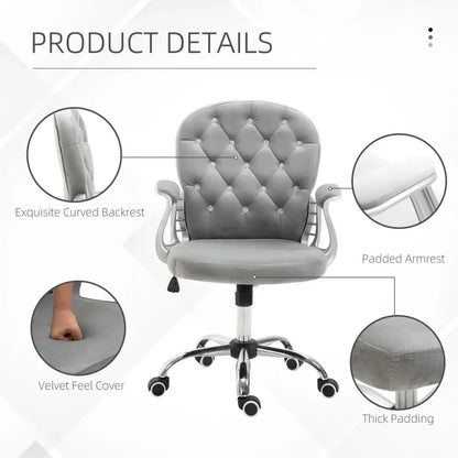 Grey Luxury Velour Office Chair with Diamond Tufted Design and 360° Ergonomic Swivel