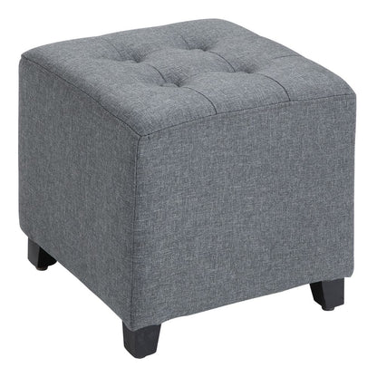 Linen-Look Square Ottoman – Button Tufts Footstool with Wood Frame – Grey
