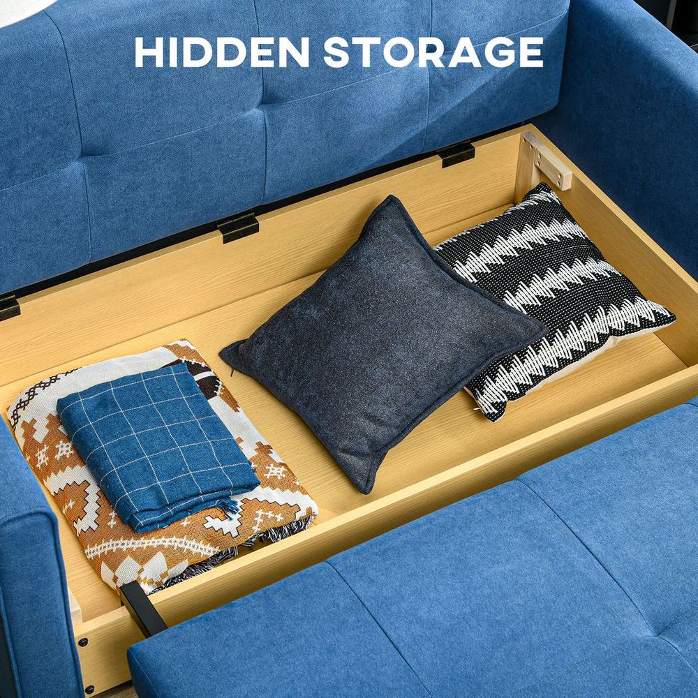 Blue 2-Seater Sofa Bed with Storage and 2 Cushions for Versatile Living Room Use