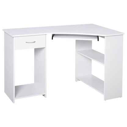 White L-Shaped Corner Computer Desk with 2 Shelves and Keyboard Tray for Storage