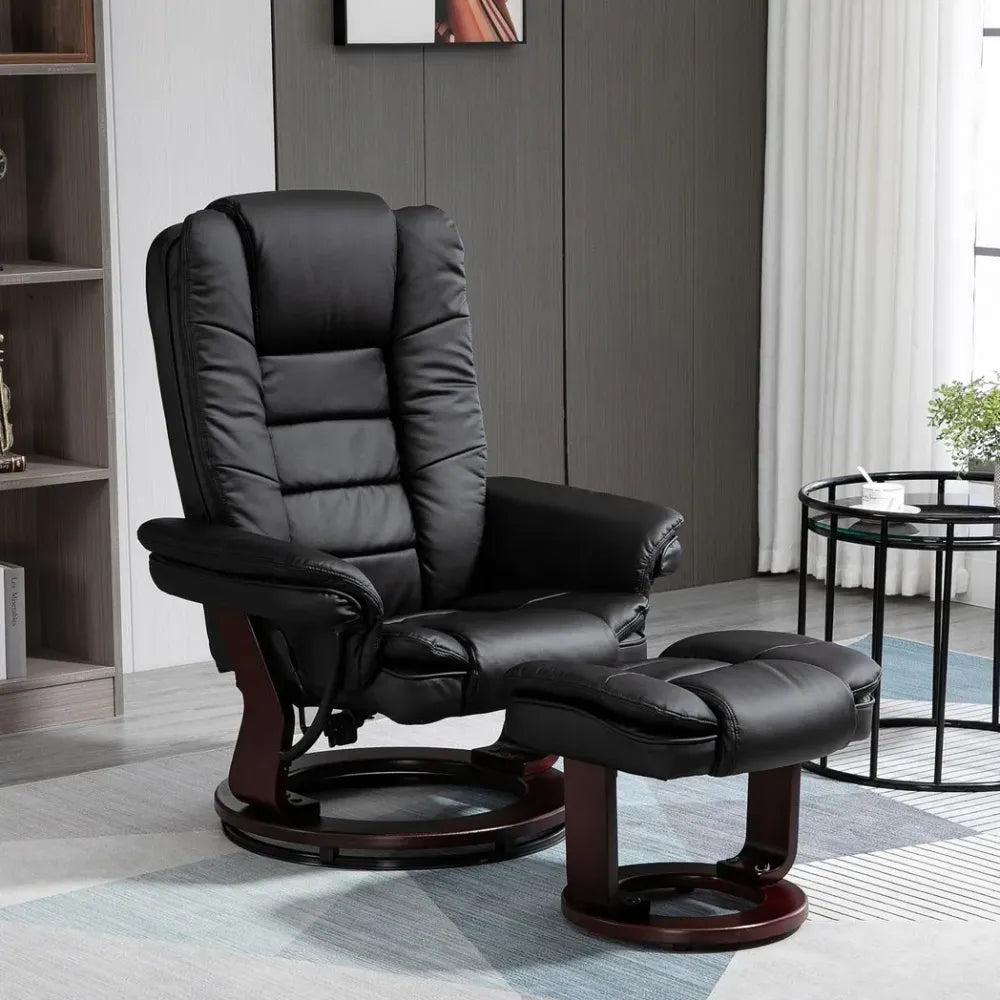 Black PU Lounge Chair Set with Manual Recliner and Footrest on Wooden Base