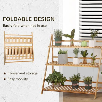 Folding Bamboo 3-Tier Plant Stand - Versatile Rack for Indoor & Outdoor Use