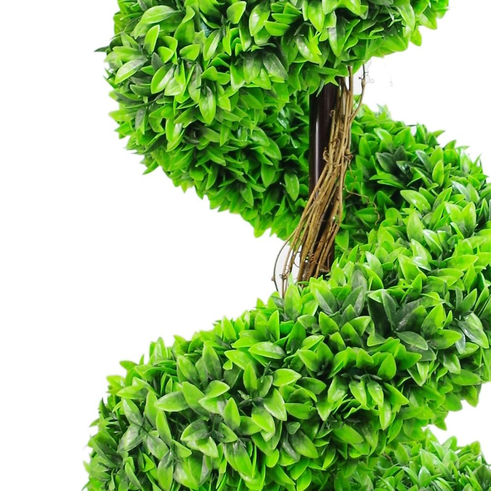 120cm Pair of Green Large Leaf Spiral Topiary Trees with Decorative Planters for Outdoor Charm