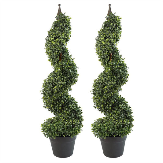 Pair of 90cm (3ft) Tall Artificial Boxwood Tower Trees - Spiral Topiary - Metal Top