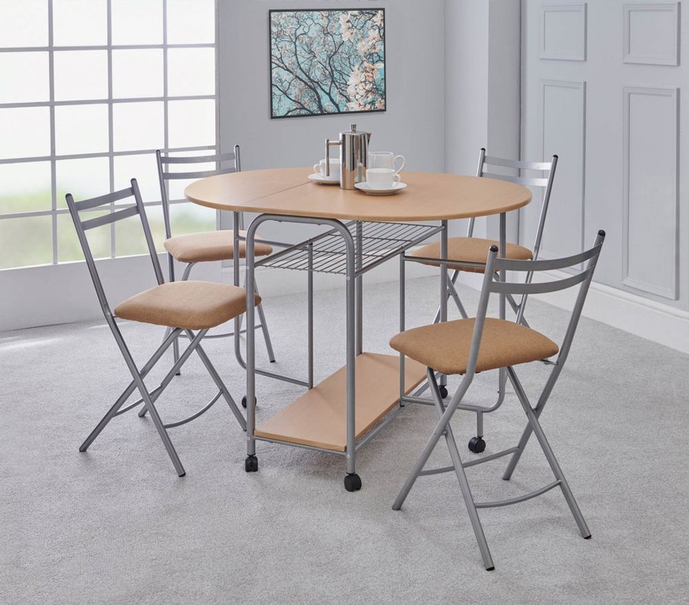 Oak and Silver Stowaway Dining Set for 4, Ideal for Space-Saving Dining Solutions