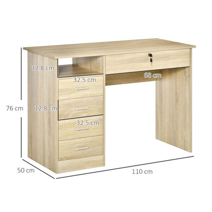 Oak Writing Desk with Five Drawers, Ideal for Organising Home Office Essentials