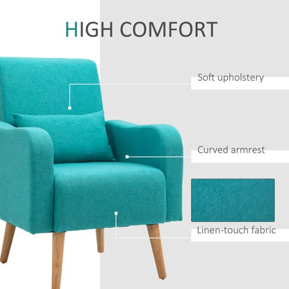 Nordic Armchair - Linen-Touch Sofa Chair with Cushioned Pillow, Wood Legs, Teal
